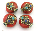1 BEAD - Beautiful red crackle resin reversible beads inlaid with brass lapis and turquoise - BD673
