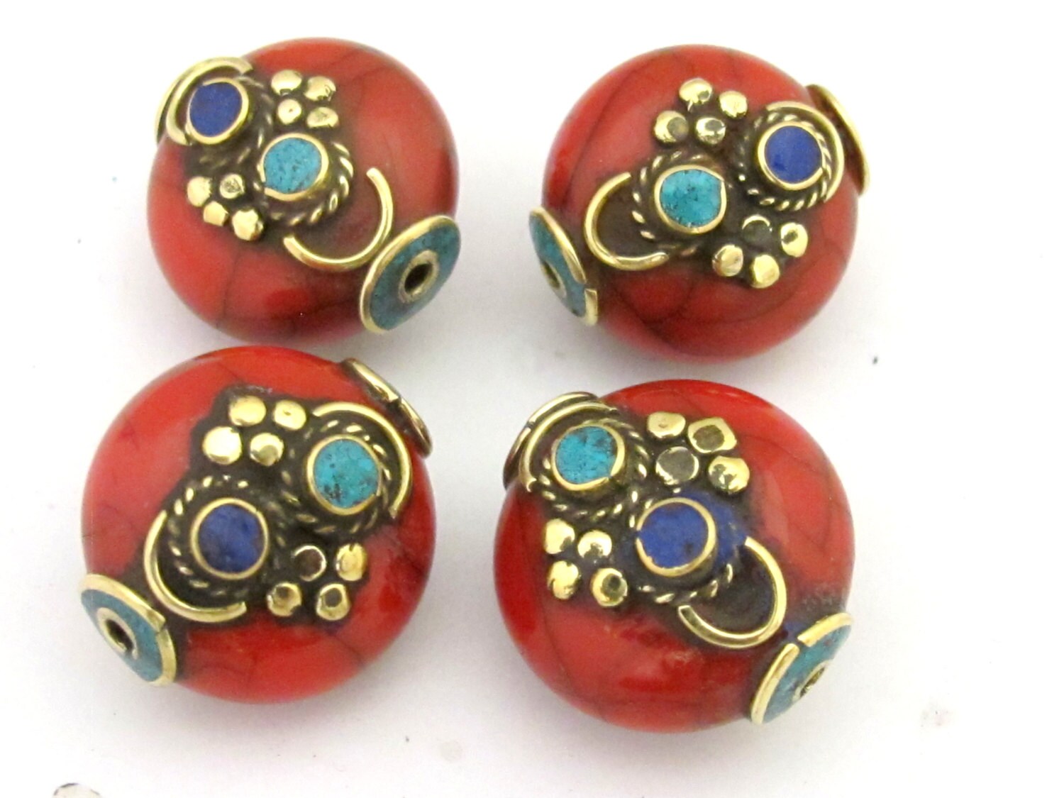 1 BEAD - Beautiful red crackle resin reversible beads inlaid with brass lapis and turquoise - BD673