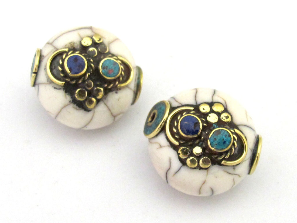 1 BEAD - Beautiful white crackle resin reversible beads inlaid with brass lapis and turquoise - BD674