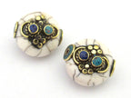 1 BEAD - Beautiful white crackle resin reversible beads inlaid with brass lapis and turquoise - BD674