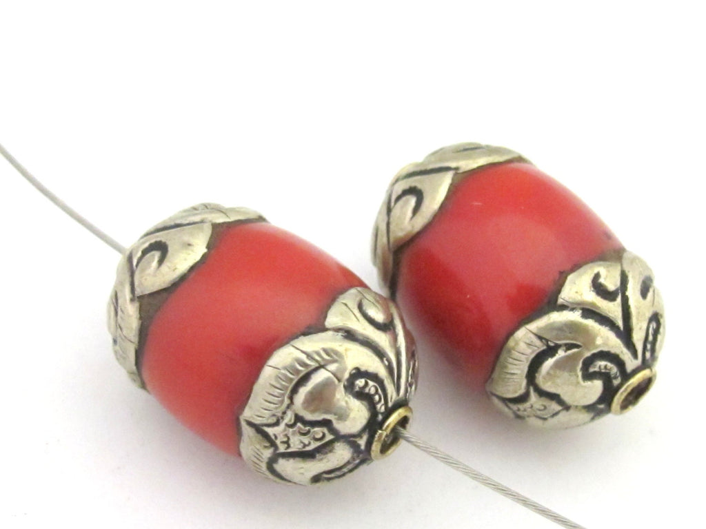 1 Bead - Tibetan silver finish capped coral bead - BD676