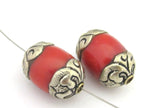 1 Bead - Tibetan silver finish capped coral bead - BD676