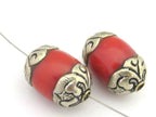 1 Bead - Tibetan silver finish capped coral bead - BD676
