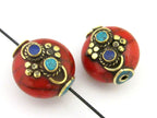 1 BEAD - Beautiful red crackle resin reversible beads inlaid with brass lapis and turquoise - BD673
