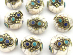 1 BEAD - Beautiful white crackle resin reversible beads inlaid with brass lapis and turquoise - BD674