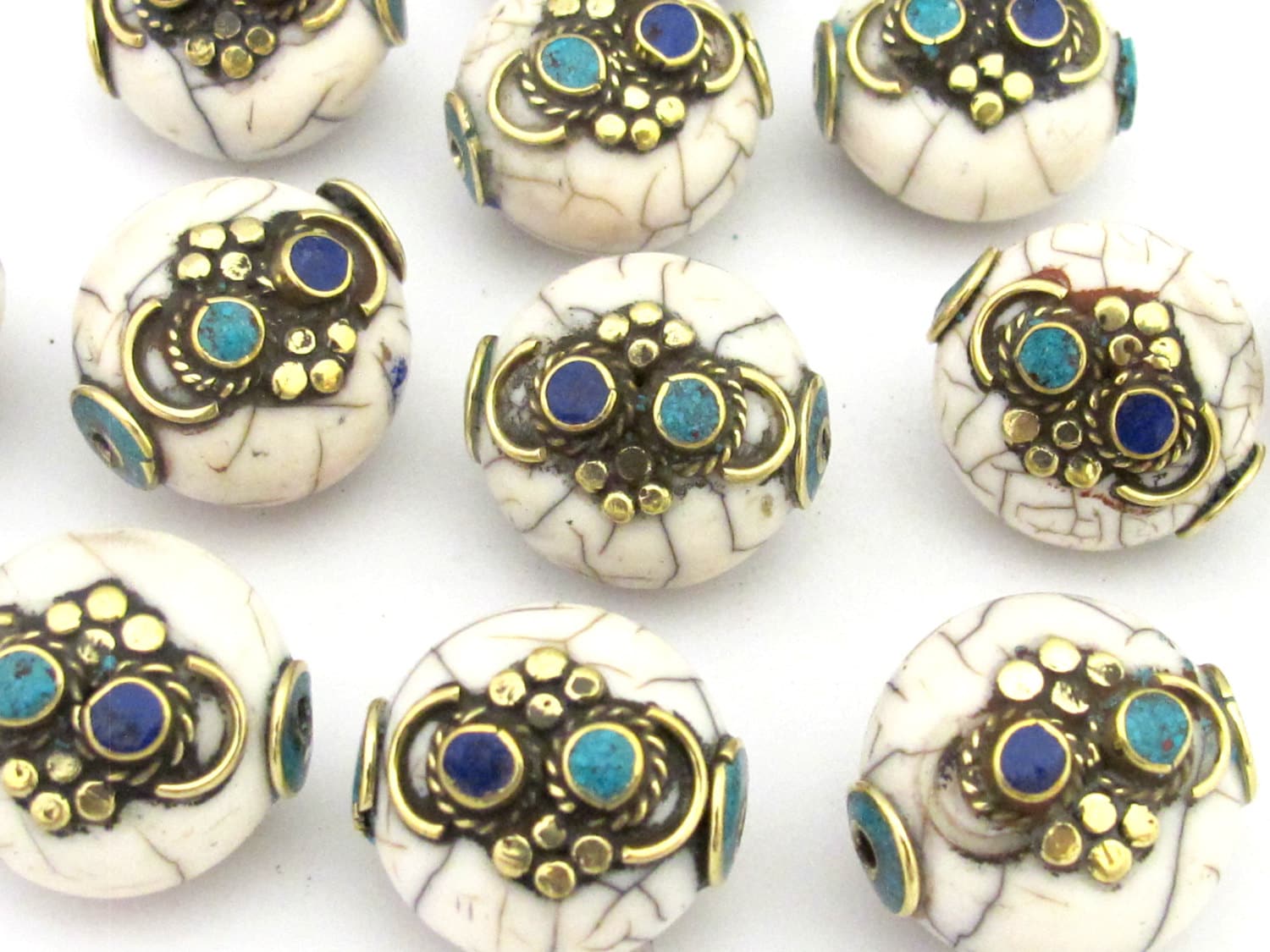 1 BEAD - Beautiful white crackle resin reversible beads inlaid with brass lapis and turquoise - BD674