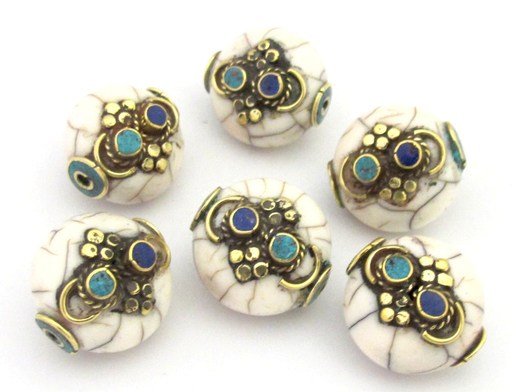 1 BEAD - Beautiful white crackle resin reversible beads inlaid with brass lapis and turquoise - BD674