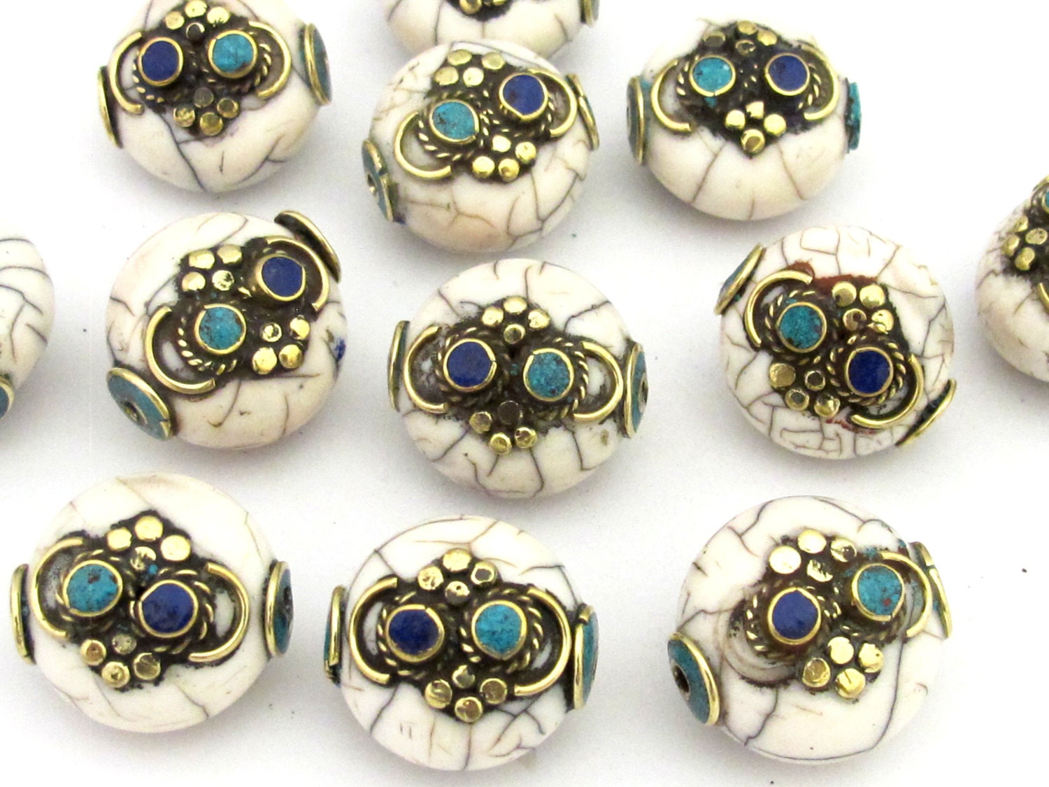 1 BEAD - Beautiful white crackle resin reversible beads inlaid with brass lapis and turquoise - BD674