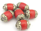 1 Bead - Tibetan silver finish capped coral bead - BD676