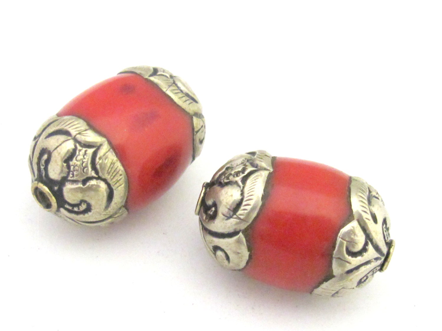1 Bead - Tibetan silver finish capped coral bead - BD676