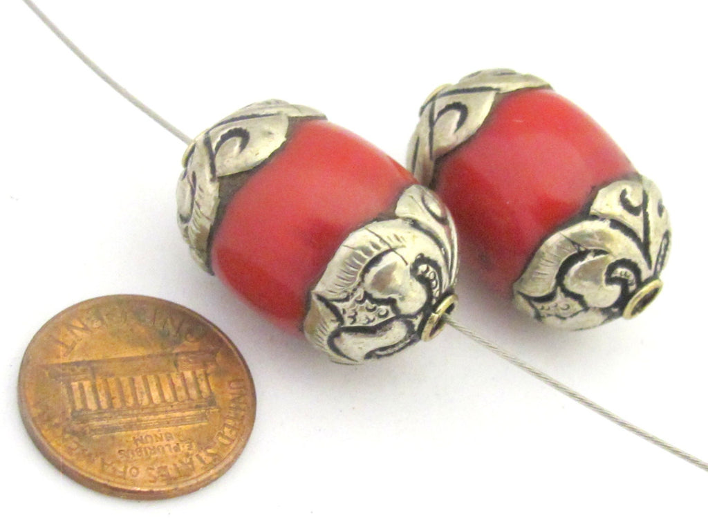 1 Bead - Tibetan silver finish capped coral bead - BD676