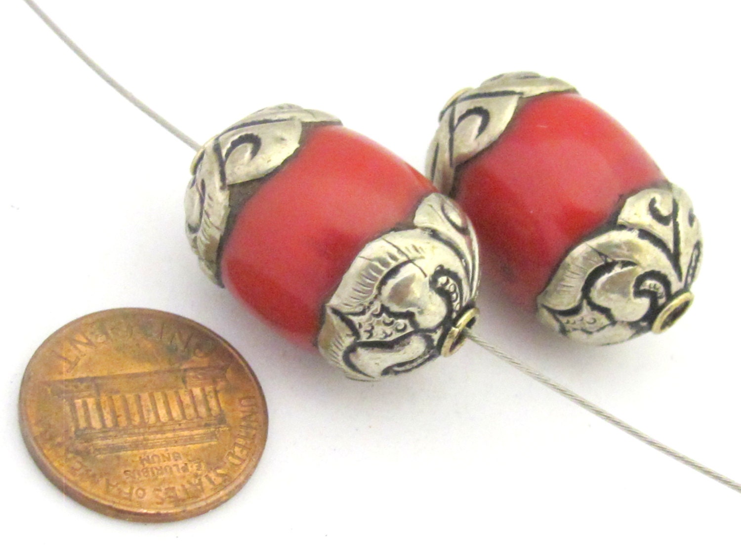 1 Bead - Tibetan silver finish capped coral bead - BD676