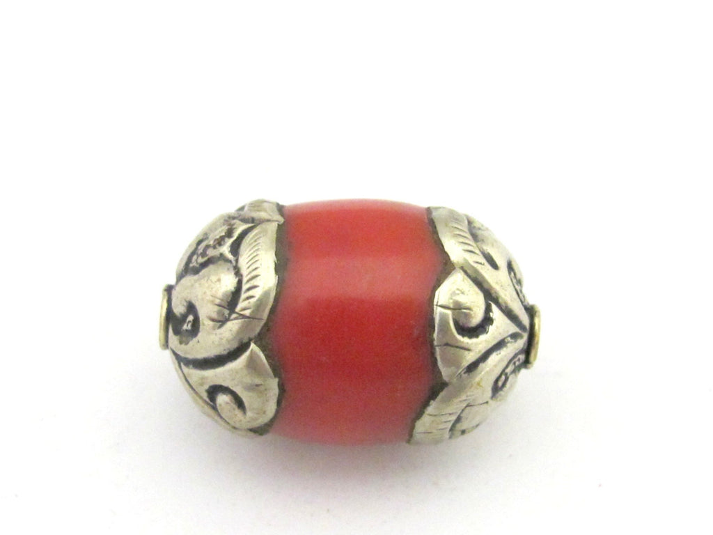 1 Bead - Tibetan silver finish capped coral bead - BD676