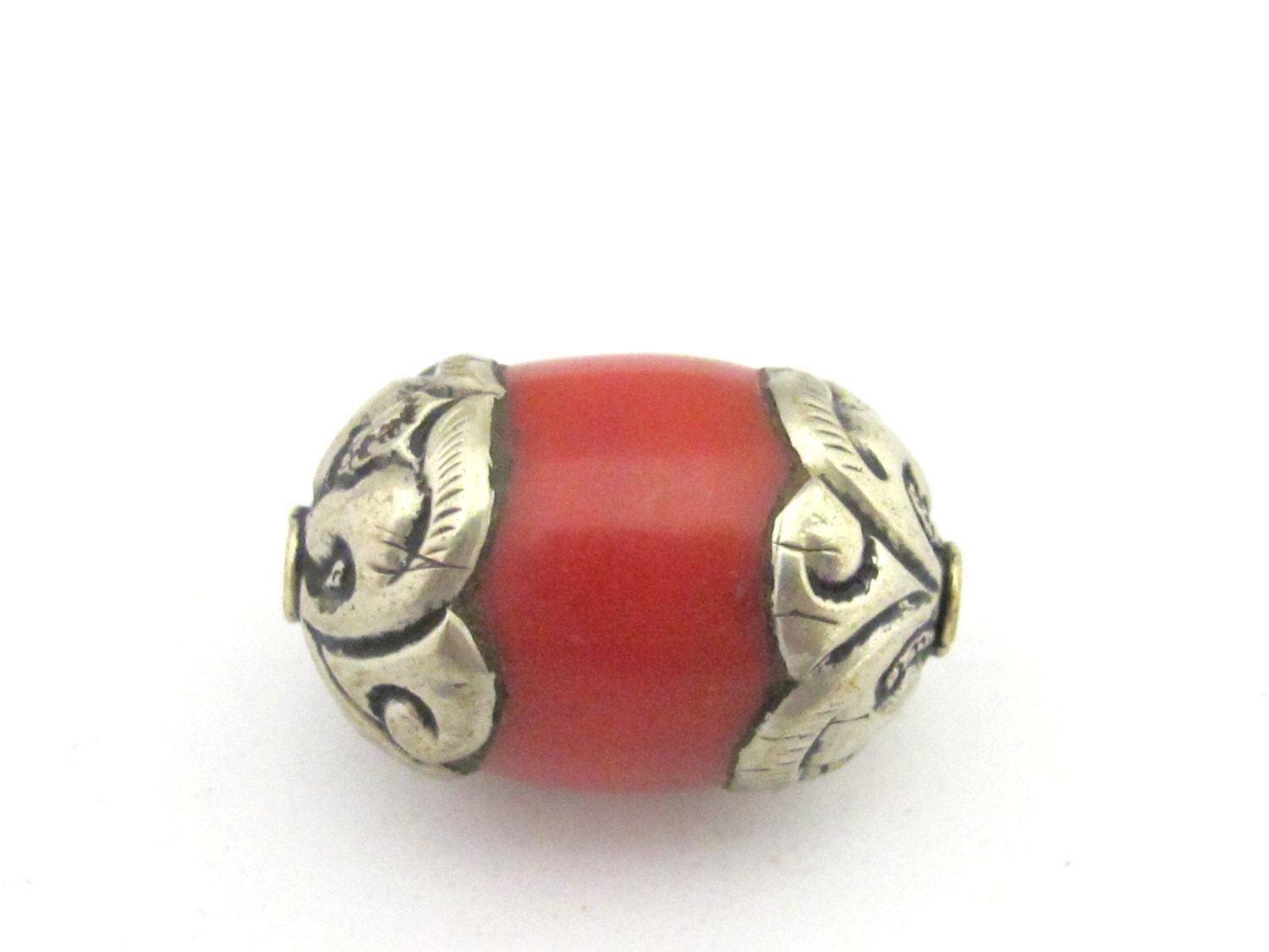 1 Bead - Tibetan silver finish capped coral bead - BD676