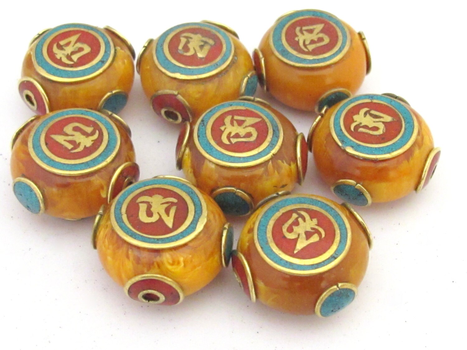 1 Bead - Large 24 mm size Tibetan copal resin Om bead with brass , turquoise and inlay- BD684