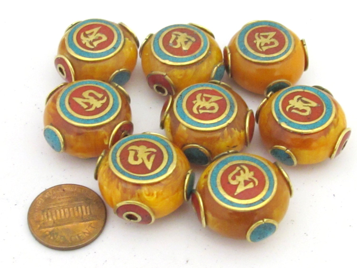 1 Bead - Large 24 mm size Tibetan copal resin Om bead with brass , turquoise and inlay- BD684