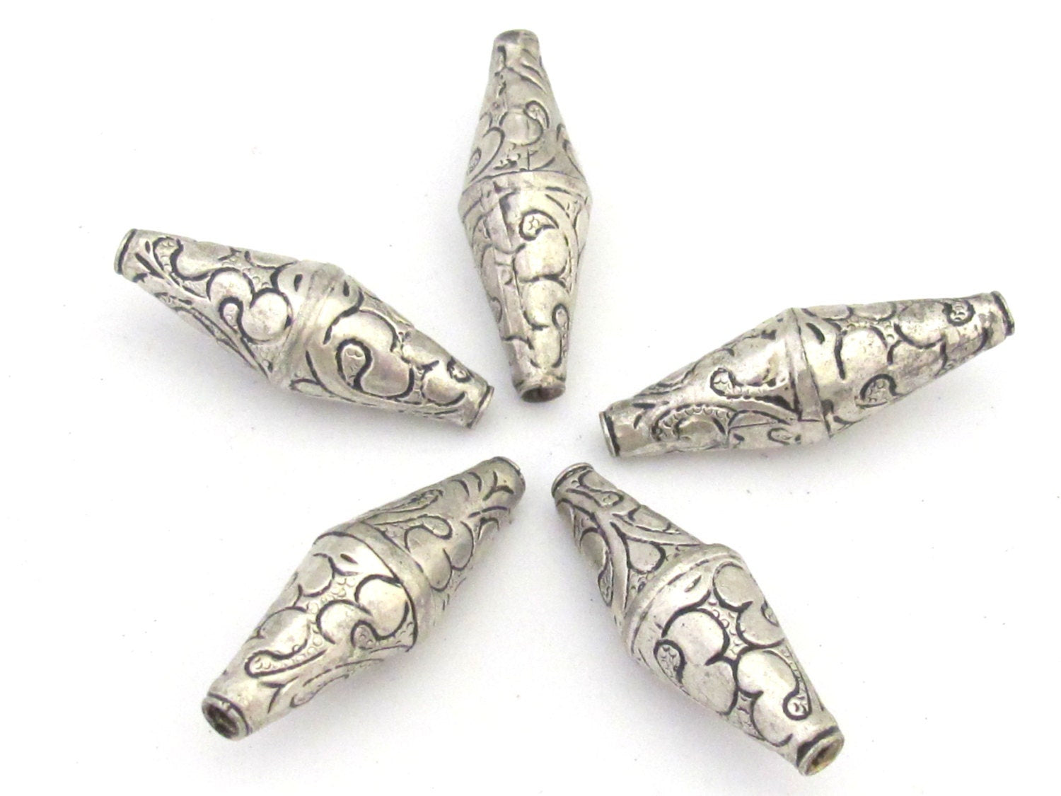 1 Bead - Large bicone Tibetan silver plated floral repousse ethnic bead from Nepal - BD685