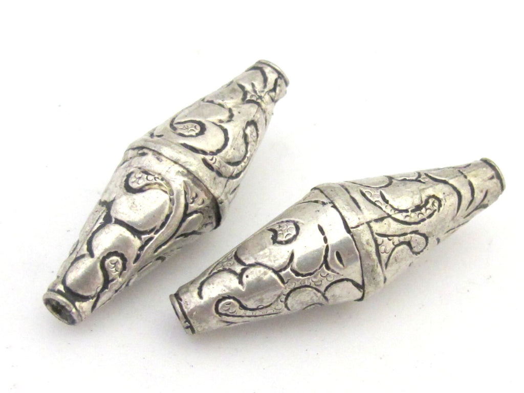 1 Bead - Large bicone Tibetan silver plated floral repousse ethnic bead from Nepal - BD685
