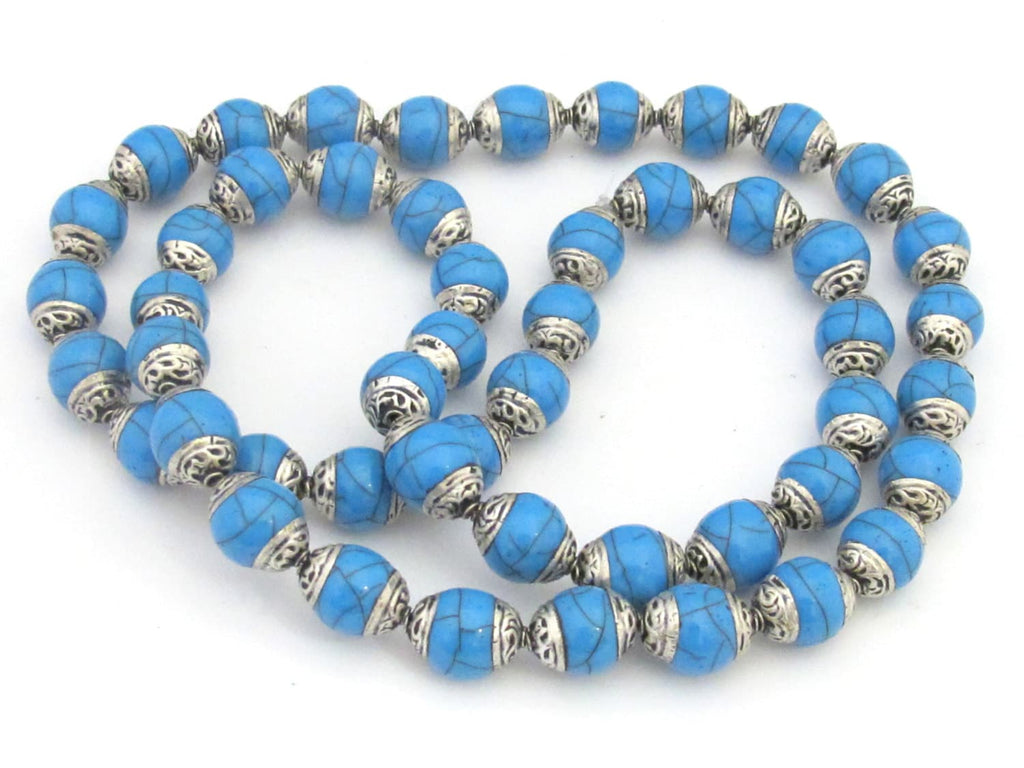 4 BEADS - Tibetan silver capped Blue crackle resin beads - BD682