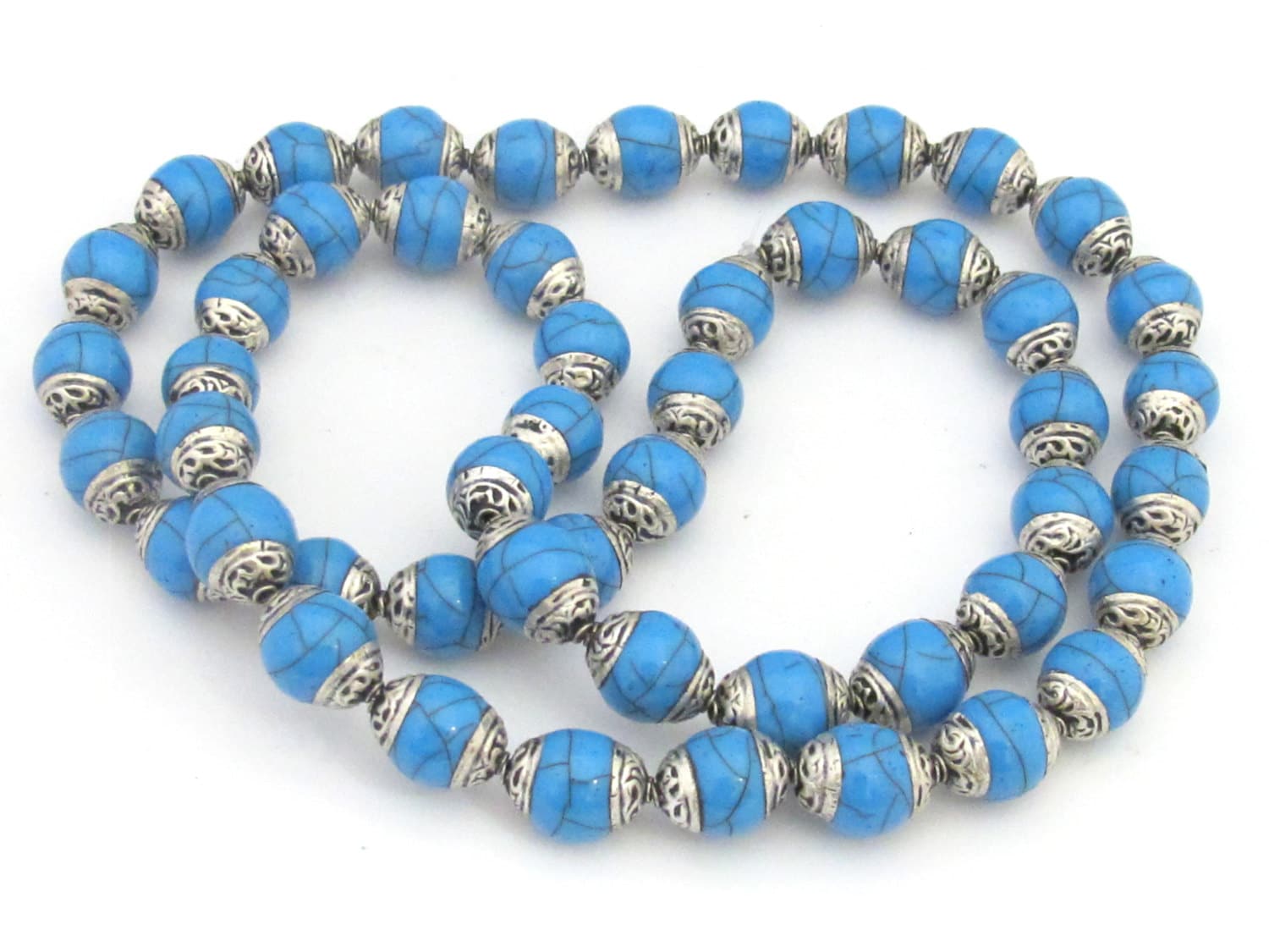 4 BEADS - Tibetan silver capped Blue crackle resin beads - BD682