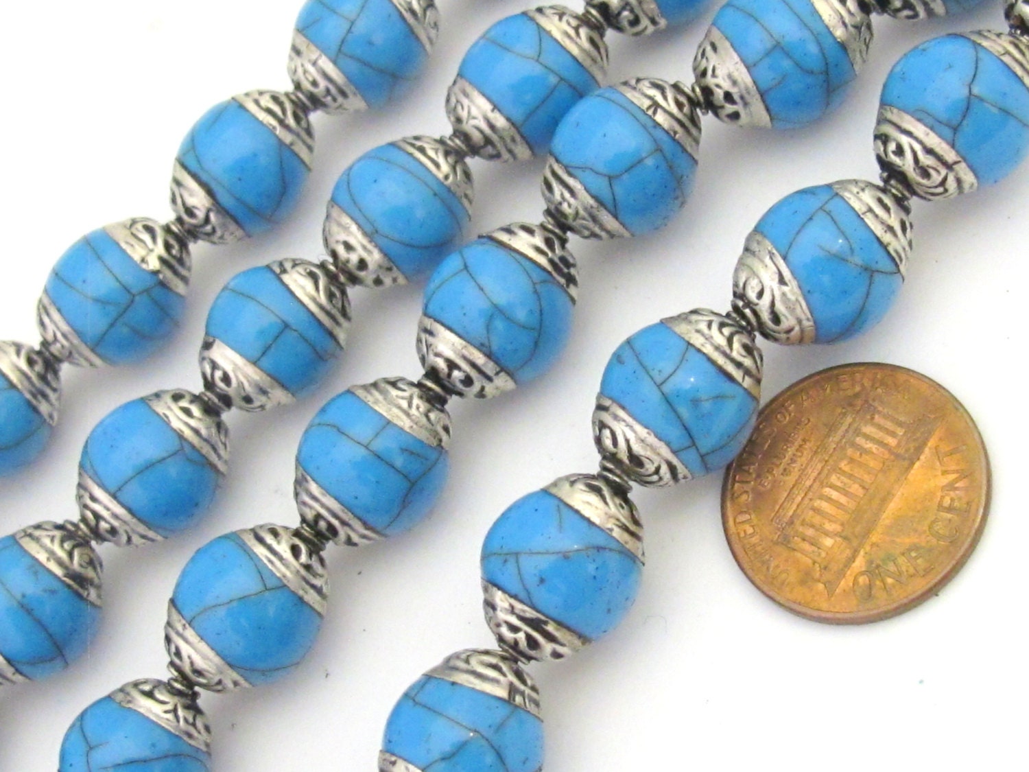 4 BEADS - Tibetan silver capped Blue crackle resin beads - BD682
