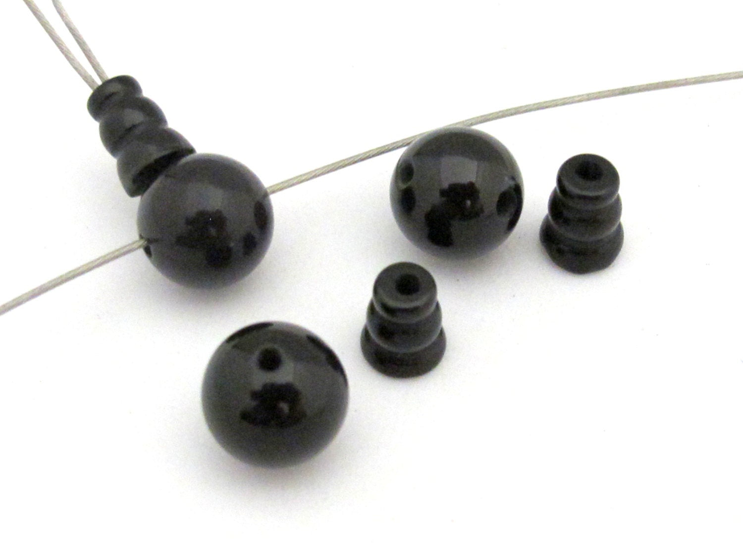 3 Guru Bead sets - 3 hole black agate gemstone Guru column Bead set 10 mm size - GB013
