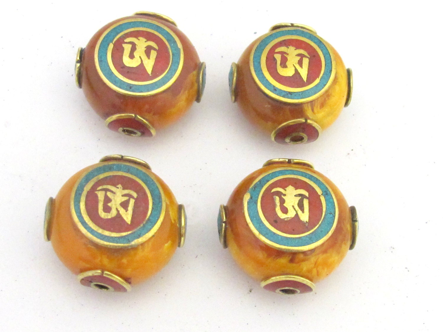 1 Bead - Large 24 mm size Tibetan copal resin Om bead with brass , turquoise and inlay- BD684