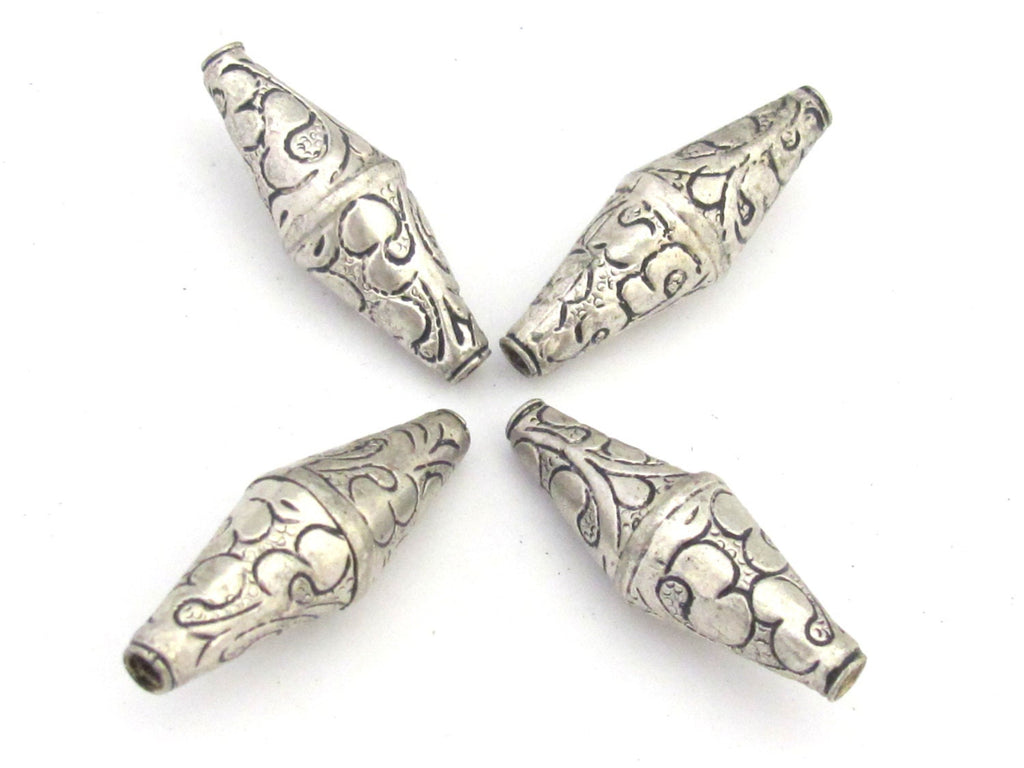 1 Bead - Large bicone Tibetan silver plated floral repousse ethnic bead from Nepal - BD685