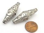 1 Bead - Large bicone Tibetan silver plated floral repousse ethnic bead from Nepal - BD685