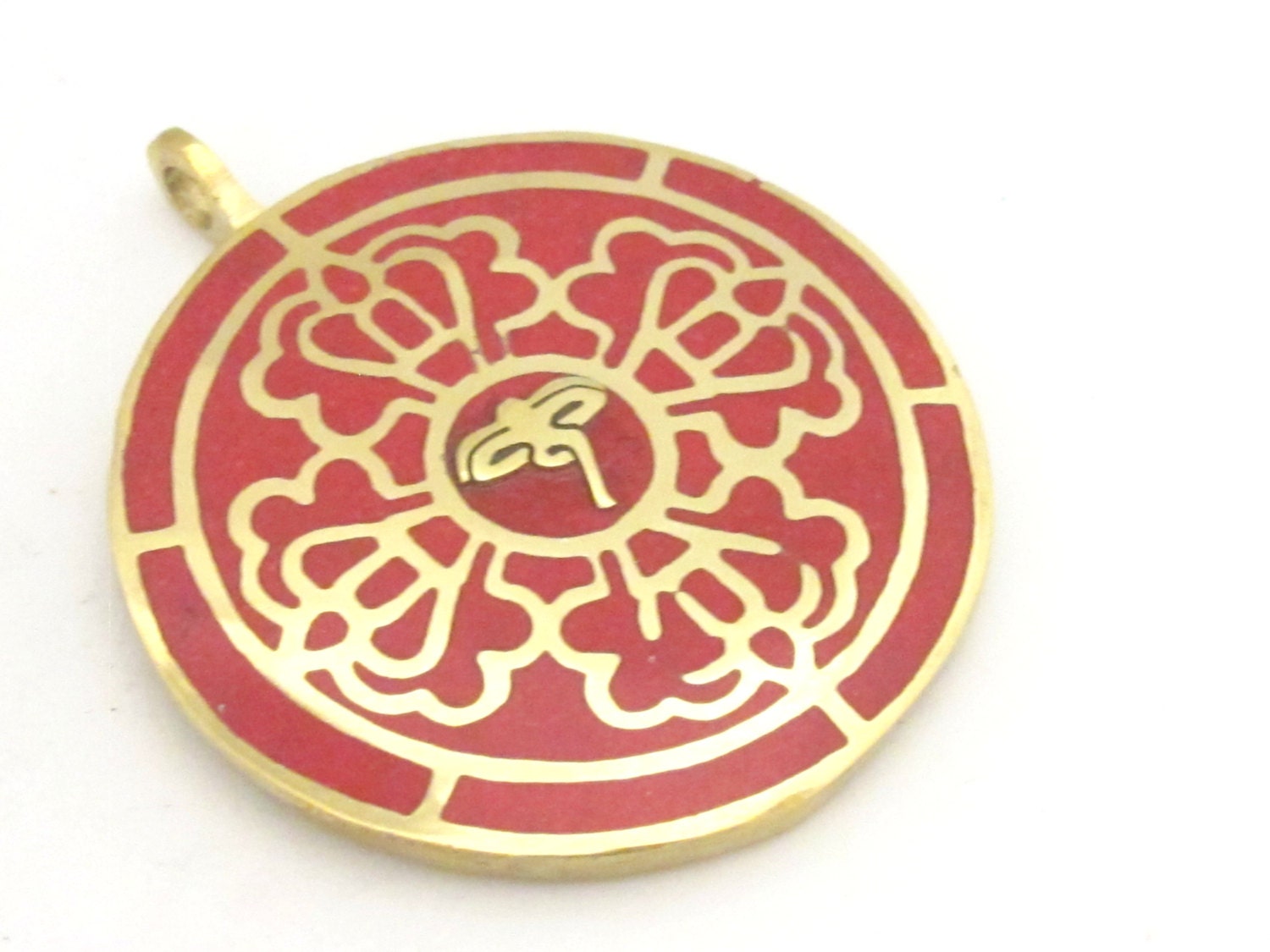 1 Pendant - Reversible solid brass Tibetan calendar pendant with reverse side Buddha eye and double dorje design inlaid with - PM310