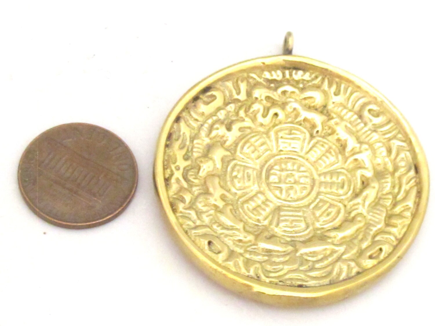 1 Pendant - Reversible solid brass Tibetan calendar pendant with reverse side Buddha eye and double dorje design inlaid with - PM310