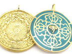 1 Pendant - Reversible solid brass Tibetan calendar pendant with Buddha eye and double dorje design inlaid with turquoise - PM311