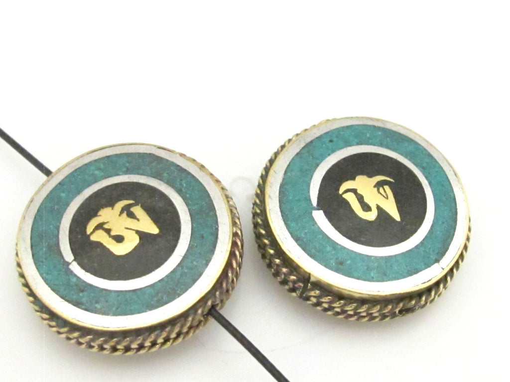 1 Bead - Reversible Tibetan Om inscribed brass bead with turquoise and lapis inlay 28 mm wide - BD687