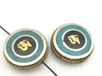 1 Bead - Reversible Tibetan Om inscribed brass bead with turquoise and lapis inlay 28 mm wide - BD687