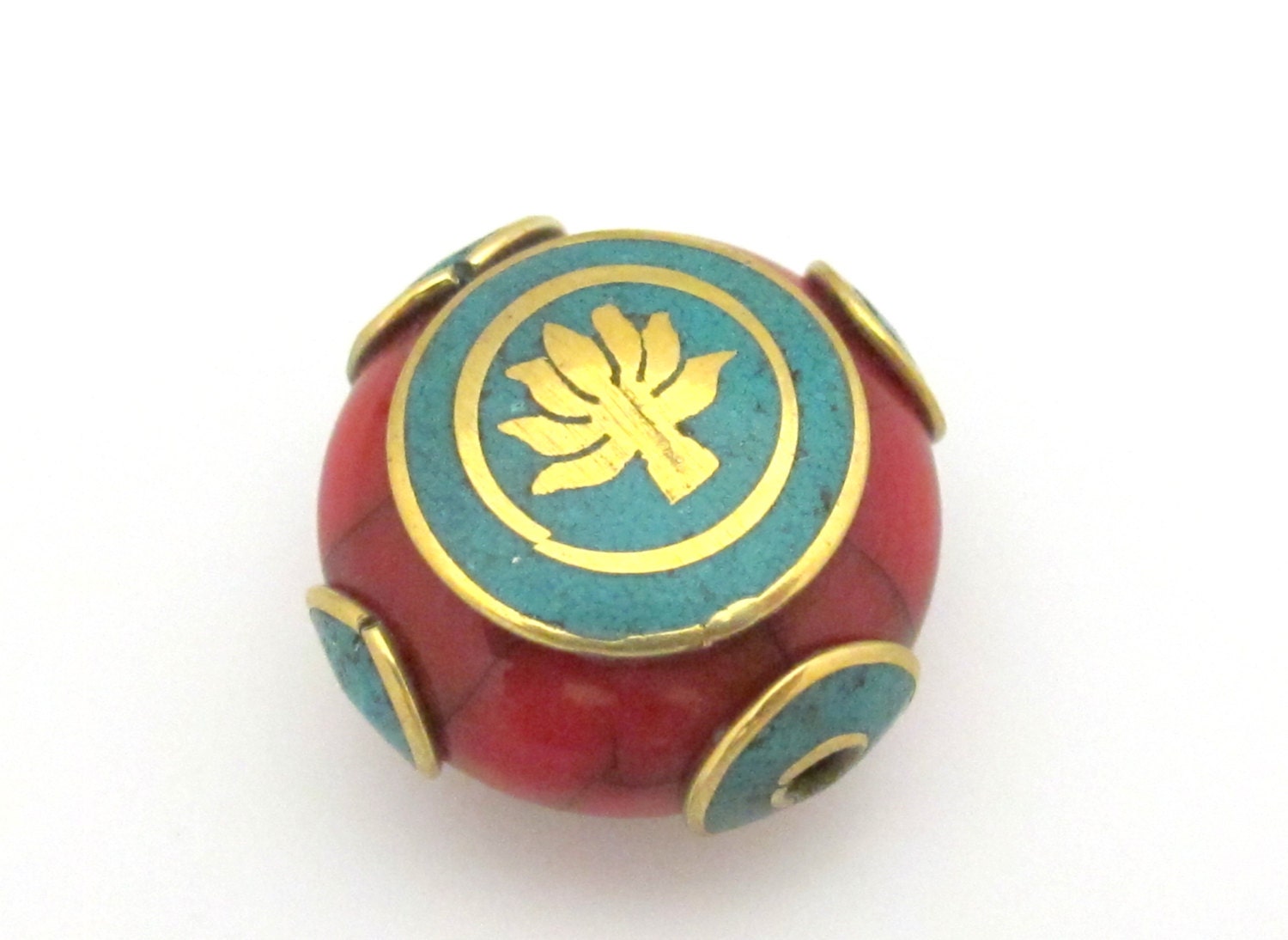 Tibetan red crackle resin lotus flower symbol reversible bead with brass , turquoise inlay - BD688B