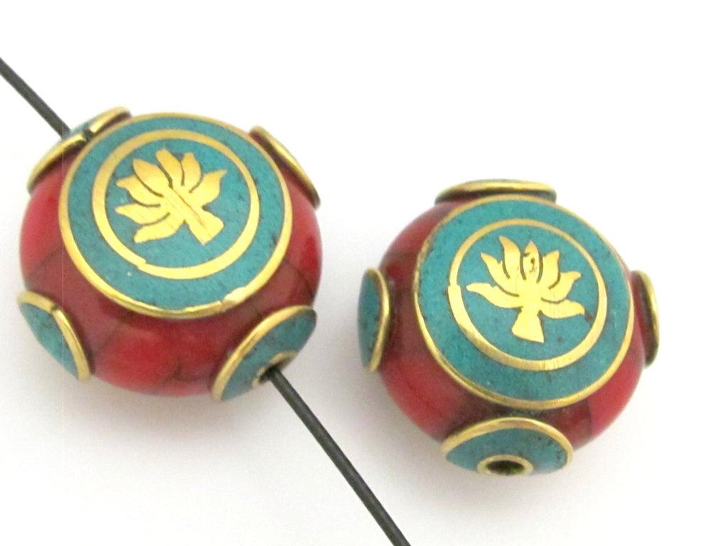 Tibetan red crackle resin lotus flower symbol reversible bead with brass , turquoise inlay - BD688B