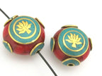 Tibetan red crackle resin lotus flower symbol reversible bead with brass , turquoise inlay - BD688B