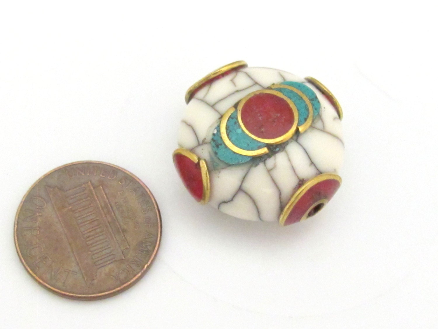 1 Bead - Tibetan white crackle Resin bead with brass , turquoise and coral inlay - BD689A