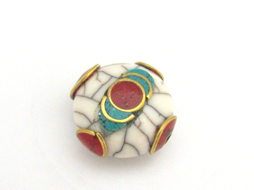 1 Bead - Tibetan white crackle Resin bead with brass , turquoise and coral inlay - BD689A