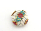 1 Bead - Tibetan white crackle Resin bead with brass , turquoise and coral inlay - BD689A