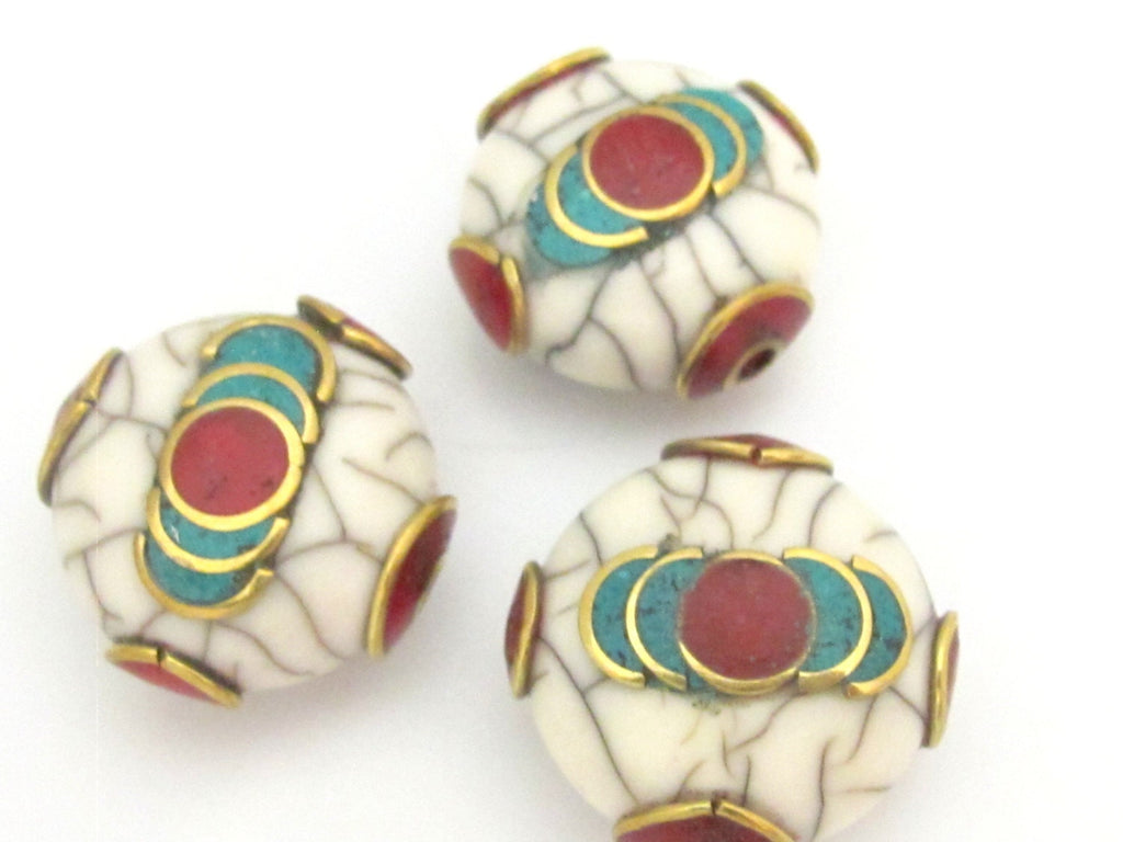 1 Bead - Tibetan white crackle Resin bead with brass , turquoise and coral inlay - BD689A