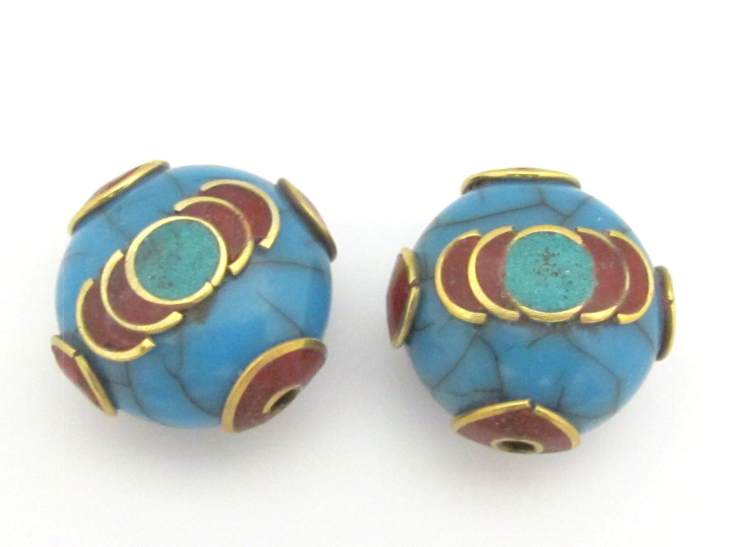 1 Bead - Tibetan blue crackle Resin bead with brass , turquoise and inlay - BD689B