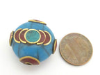 1 Bead - Tibetan blue crackle Resin bead with brass , turquoise and inlay - BD689B