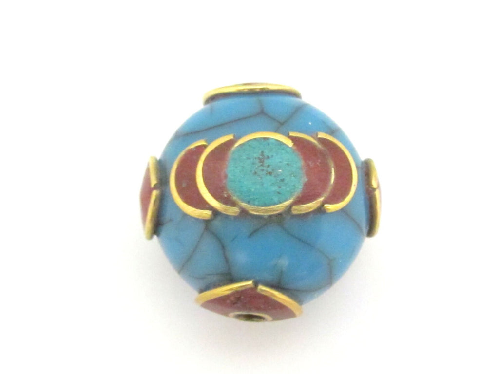 1 Bead - Tibetan blue crackle Resin bead with brass , turquoise and inlay - BD689B
