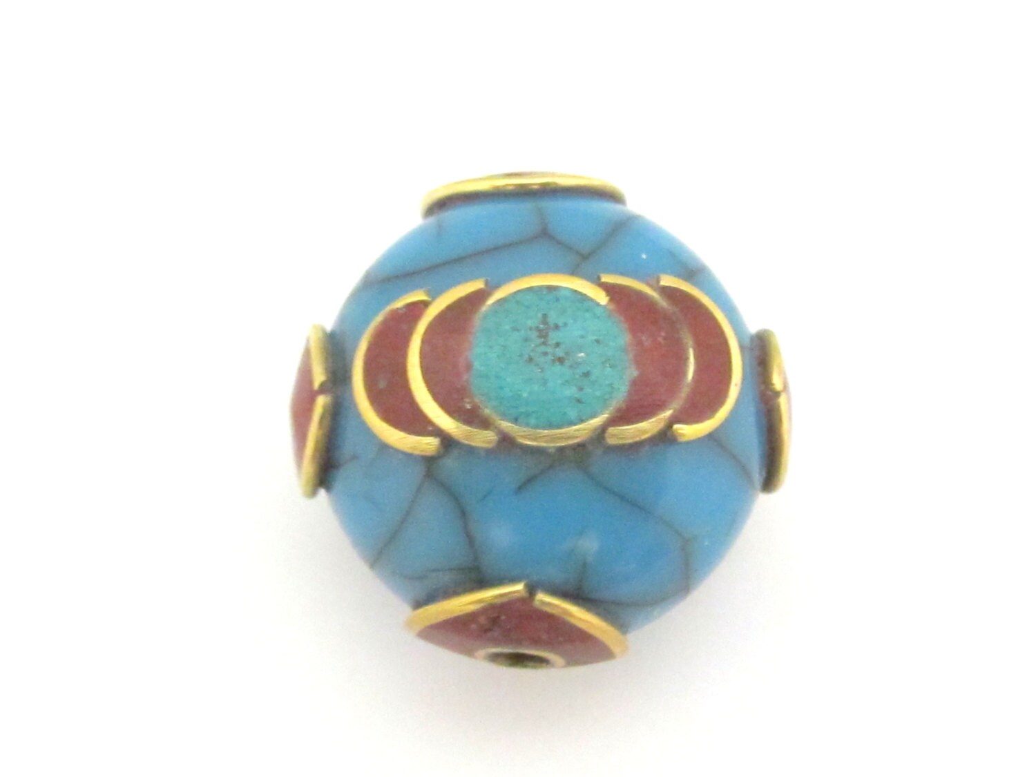 1 Bead - Tibetan blue crackle Resin bead with brass , turquoise and inlay - BD689B