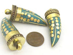 1 Pendant - Tibetan horn tusk shape turquoise inlaid Brass pendant with dotted design - PM315C