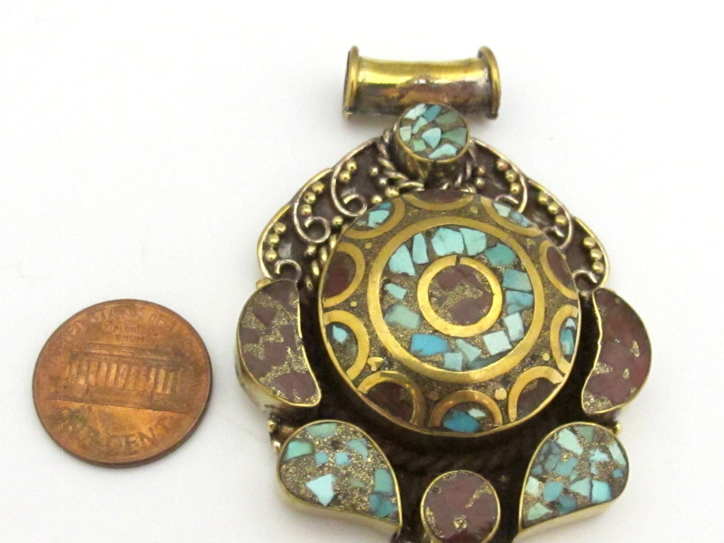 Large ethnic Tibetan brass pendant with turquoise coral inlay - PM319