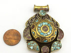 Large ethnic Tibetan brass pendant with turquoise coral inlay - PM319