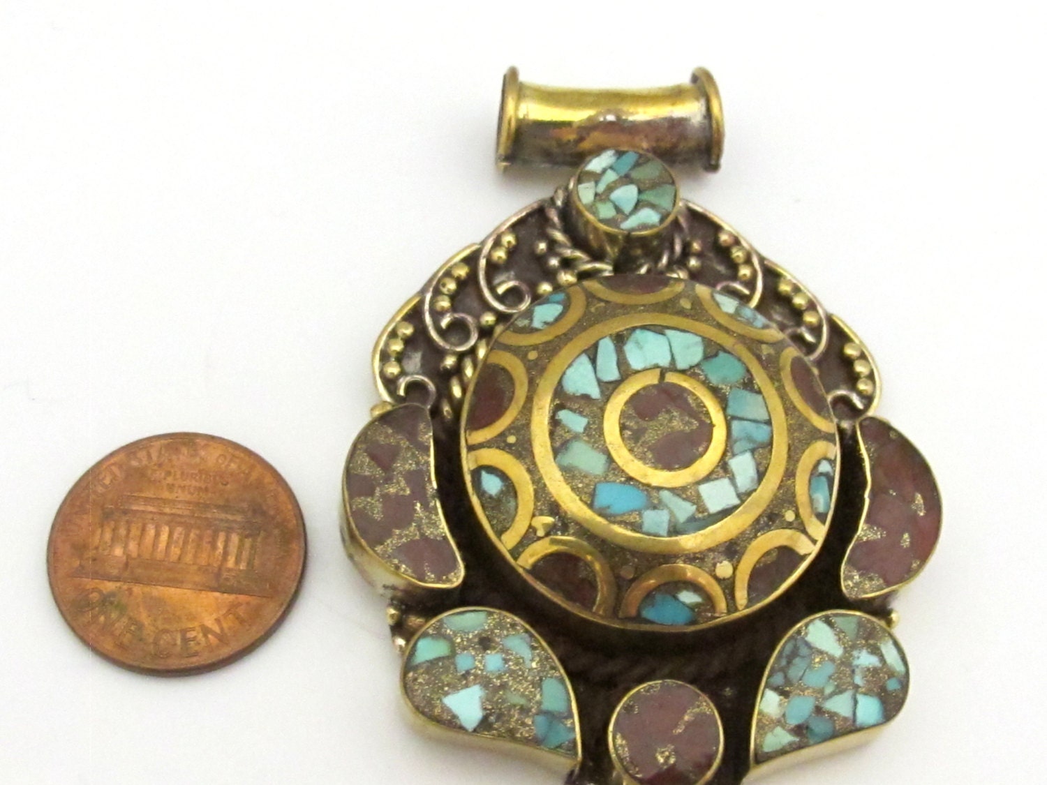 Large ethnic Tibetan brass pendant with turquoise coral inlay - PM319