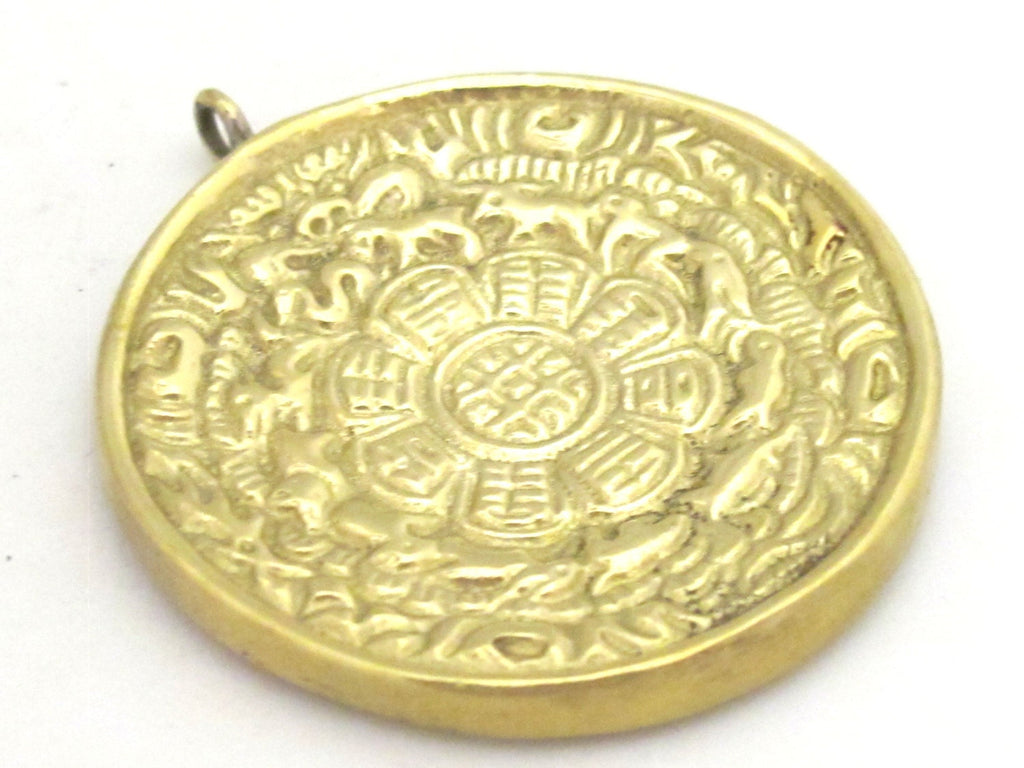1 Pendant - Reversible solid brass Tibetan calendar pendant with Buddha eye and double dorje design inlaid with turquoise - PM311